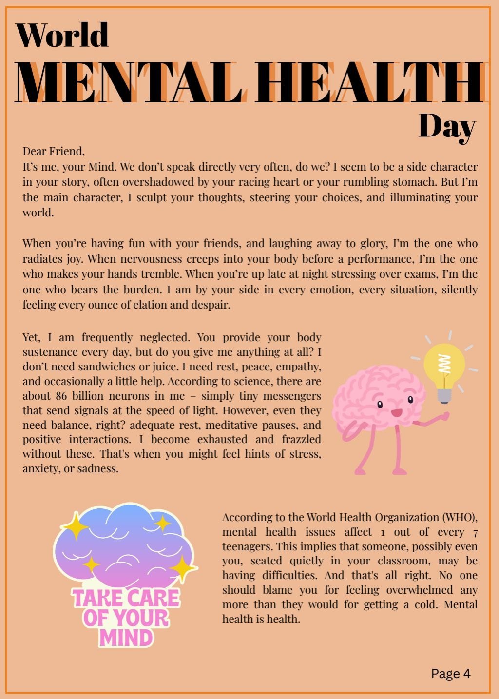 Newsletter page 4: World Mental Health Day, a letter written in the voice of the mind
