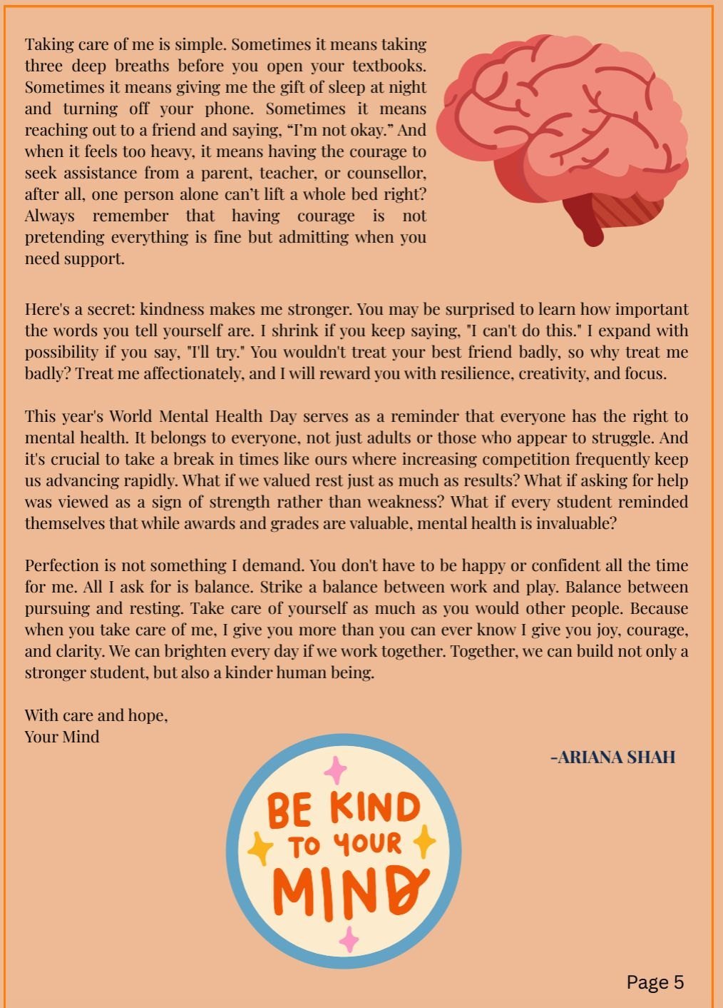 Newsletter page 5: continuation of the World Mental Health Day letter, signed Ariana Shah